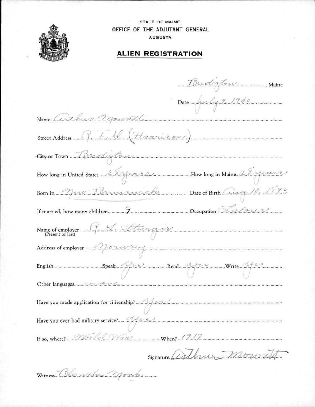 Miniature of Alien Registration- Mowatt, Arthur (Baldwin, Cumberland County)