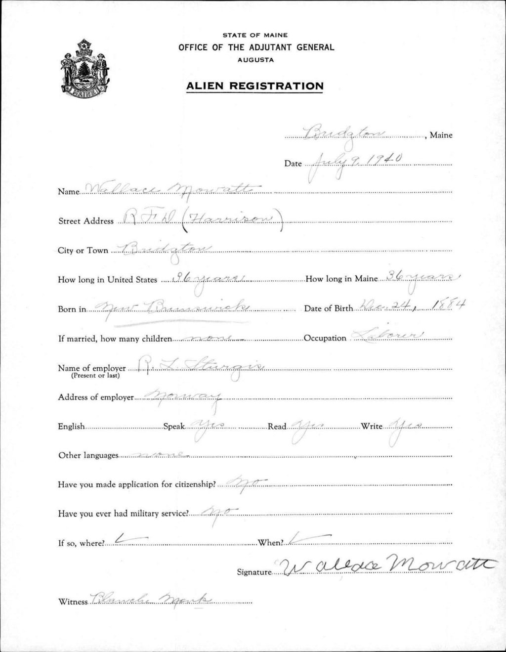 Miniature of Alien Registration- Mowatt, Wallace (Baldwin, Cumberland County)