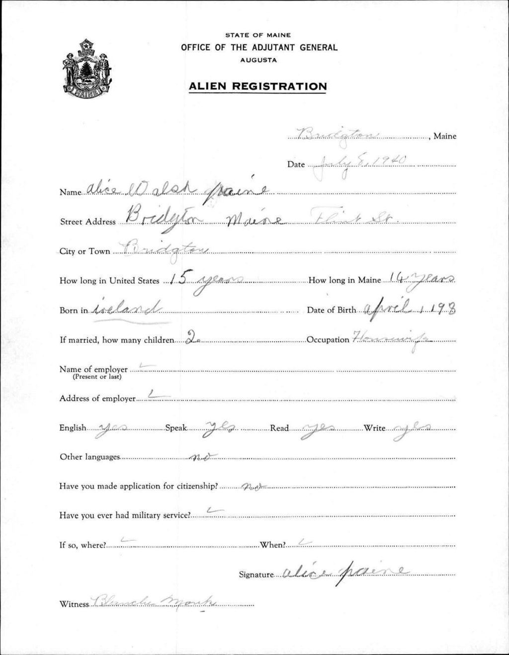 Miniature of Alien Registration- Walsh, Alice (Baldwin, Cumberland County)