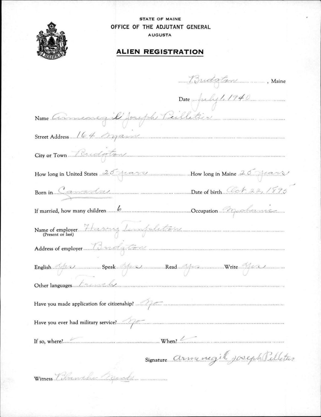 Miniature of Alien Registration- Pelletier, Armenegil J. (Baldwin, Cumberland County)