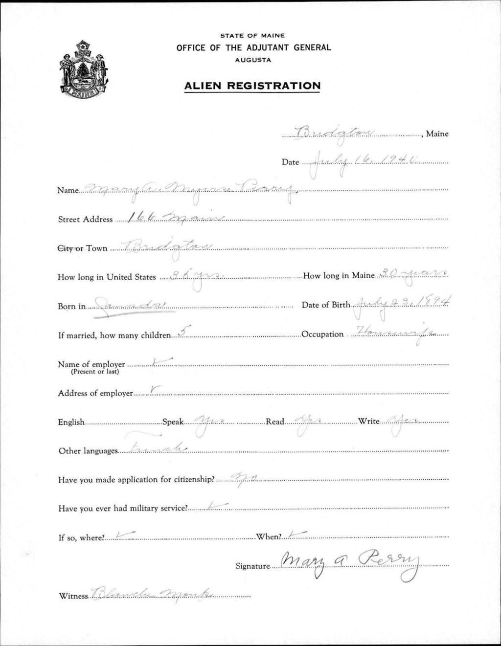 Miniature of Alien Registration- Myers, Mary A. (Baldwin, Cumberland County)