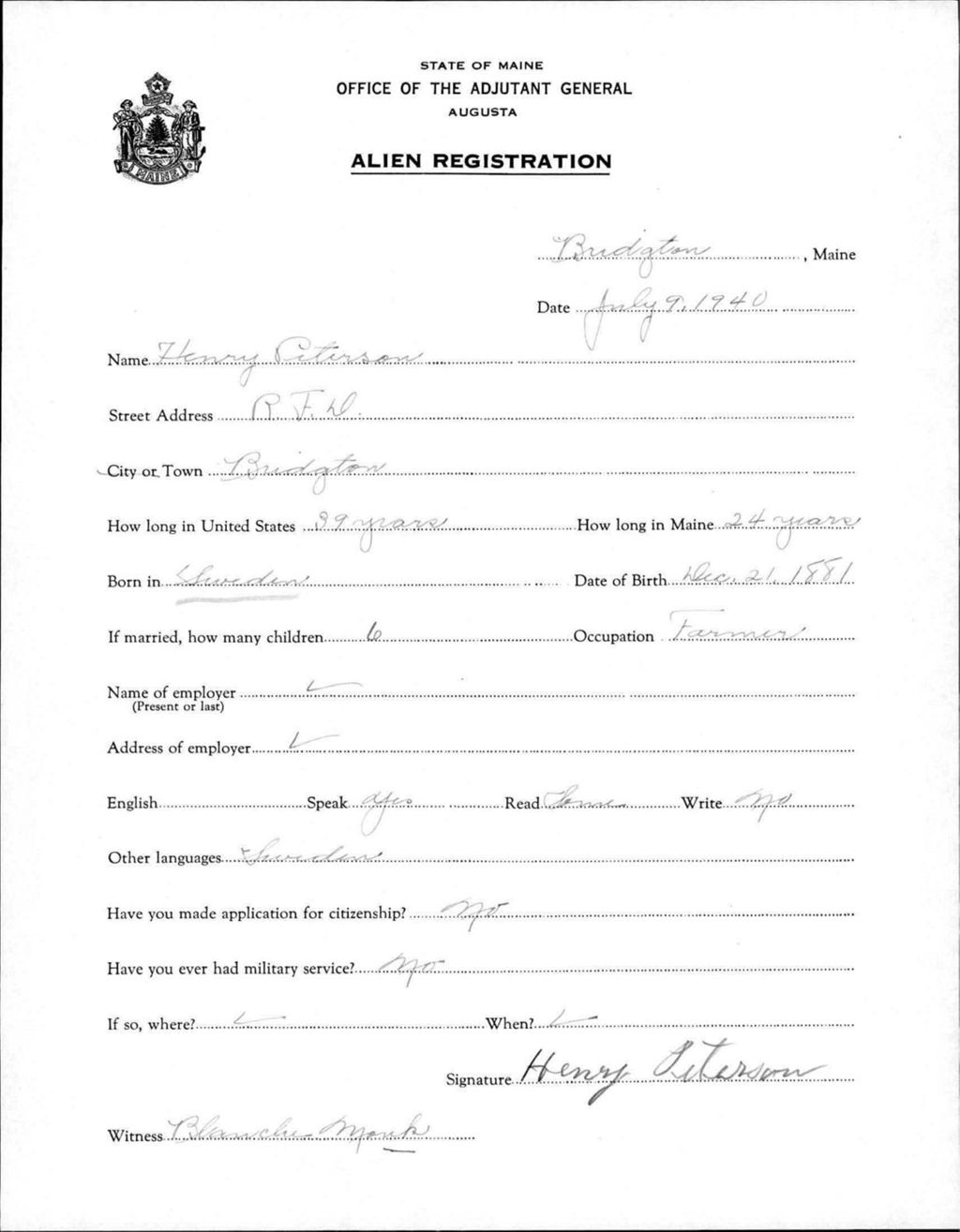 Miniature of Alien Registration- Peterson, Henry (Baldwin, Cumberland County)