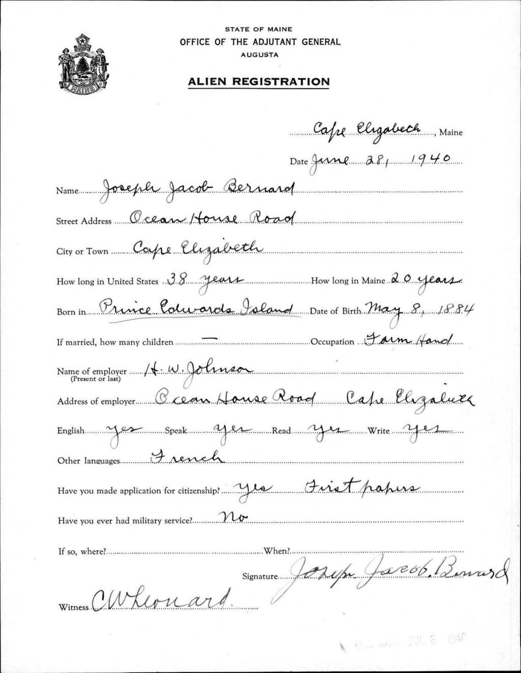 Miniature of Alien Registration- Bernard, Joseph J. (Baldwin, Cumberland County)
