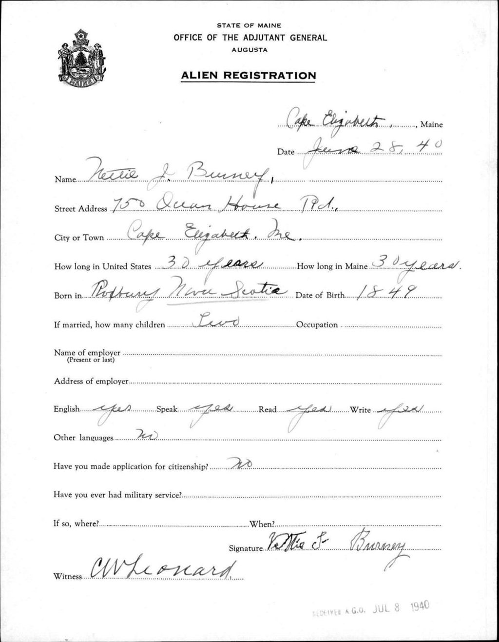 Miniature of Alien Registration- Burney, Nettie J. (Baldwin, Cumberland County)
