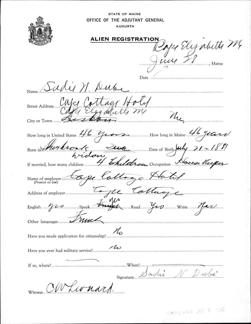 Miniature of Alien Registration- Dude, Sadie N. (Baldwin, Cumberland County)