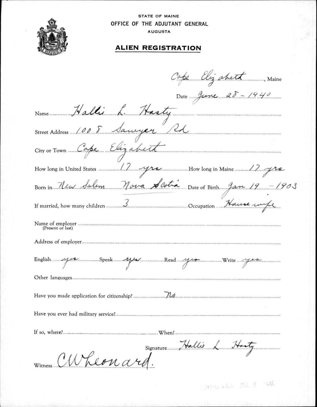 Miniature of Alien Registration- Hasty, Hallie L. (Baldwin, Cumberland County)