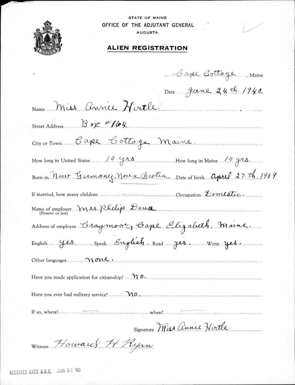 Miniature of Alien Registration- Hirtle, Annie (Baldwin, Cumberland County)