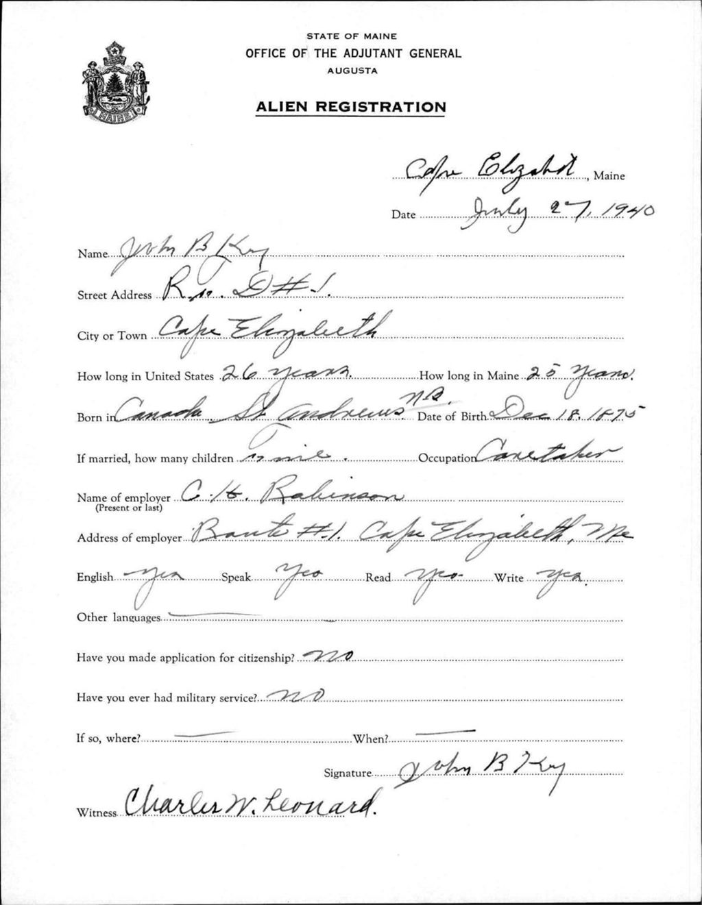 Miniature of Alien Registration- Key, John B. (Baldwin, Cumberland County)