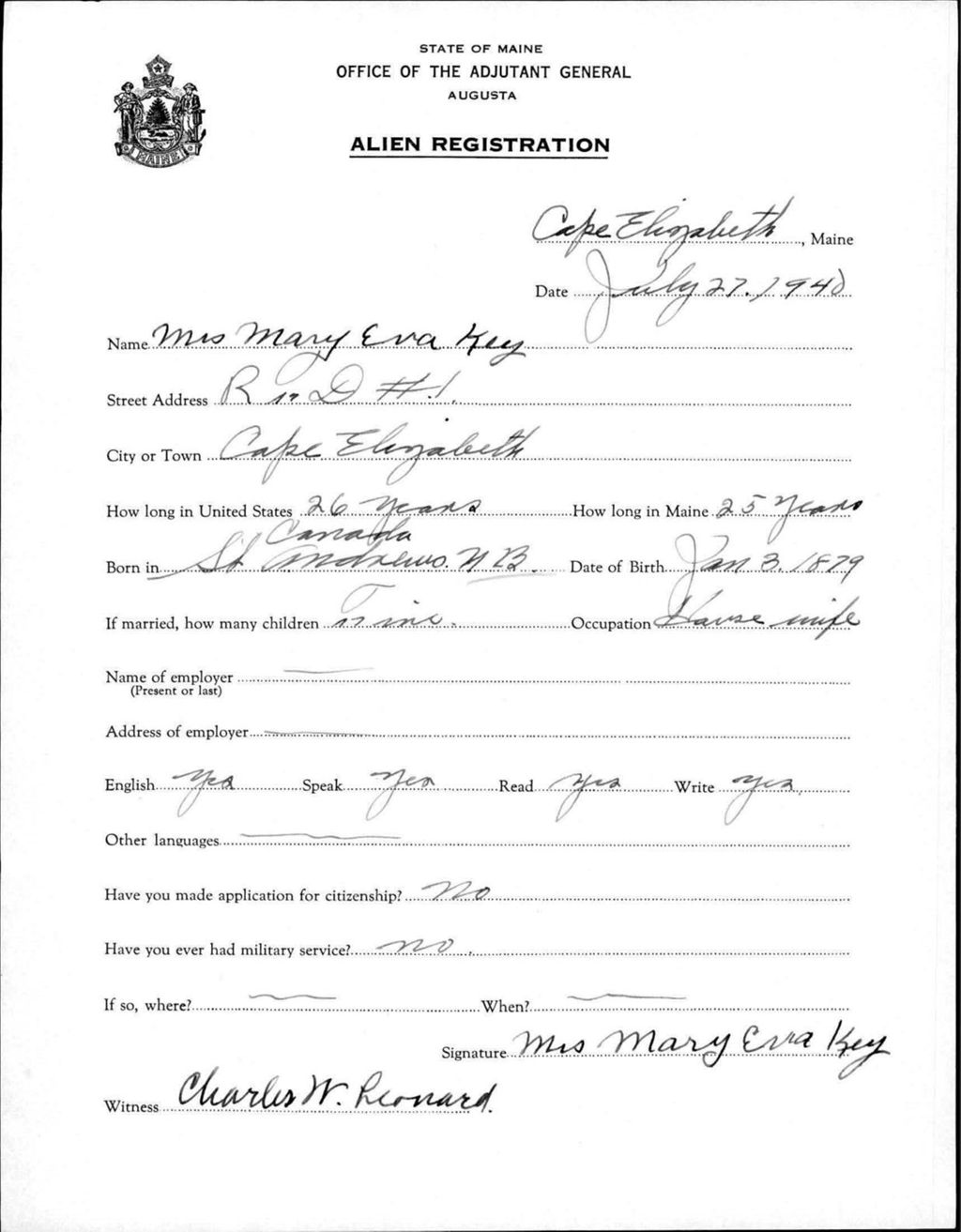 Miniature of Alien Registration- Key, Mary E. (Baldwin, Cumberland County)