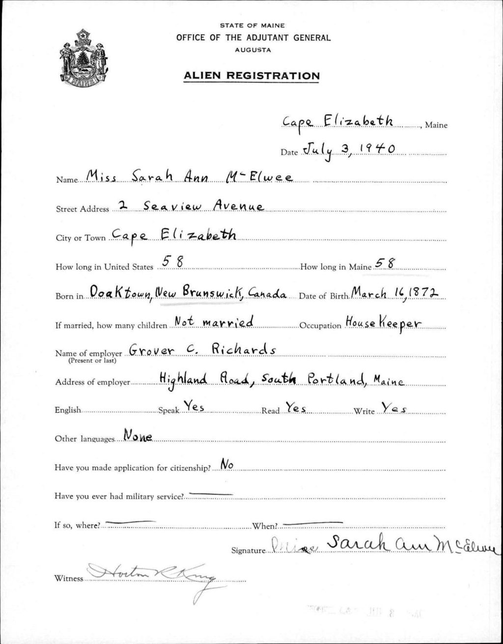 Miniature of Alien Registration- Mcelwee, Sarah A. (Baldwin, Cumberland County)