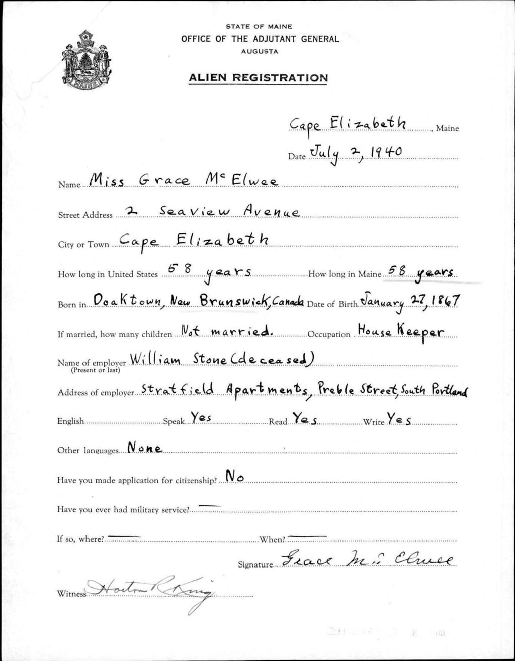Miniature of Alien Registration- Mcelwee, Grace (Baldwin, Cumberland County)