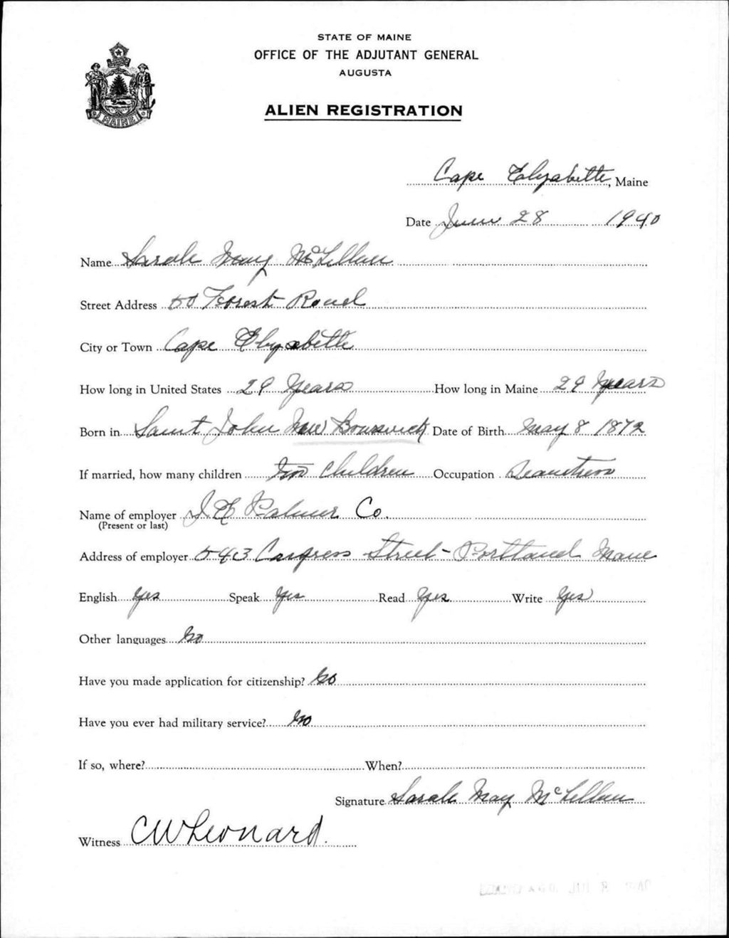Miniature of Alien Registration- Mclellan, Sarah M. (Baldwin, Cumberland County)