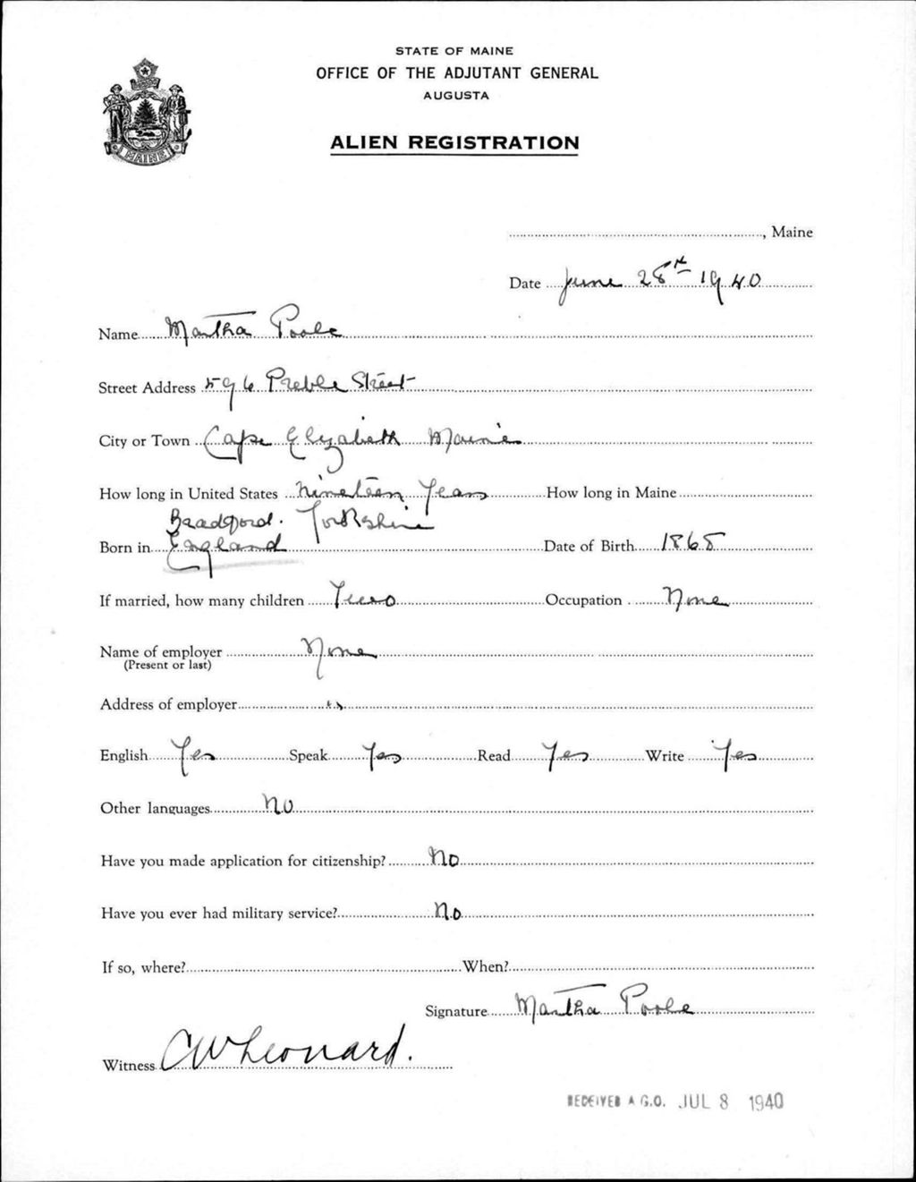 Miniature of Alien Registration- Poole, Martha (Baldwin, Cumberland County)