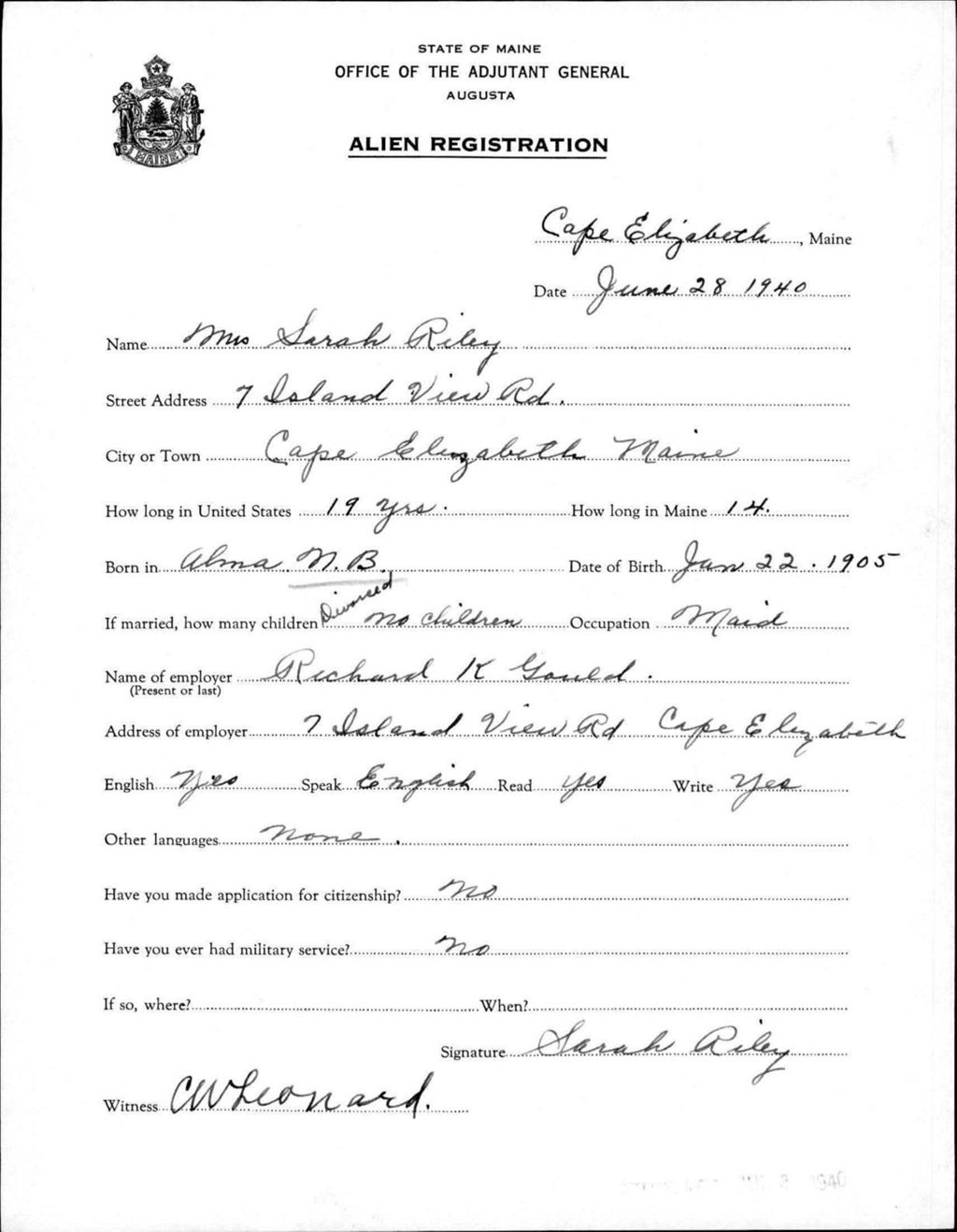 Miniature of Alien Registration- Riley, Sarah (Baldwin, Cumberland County)