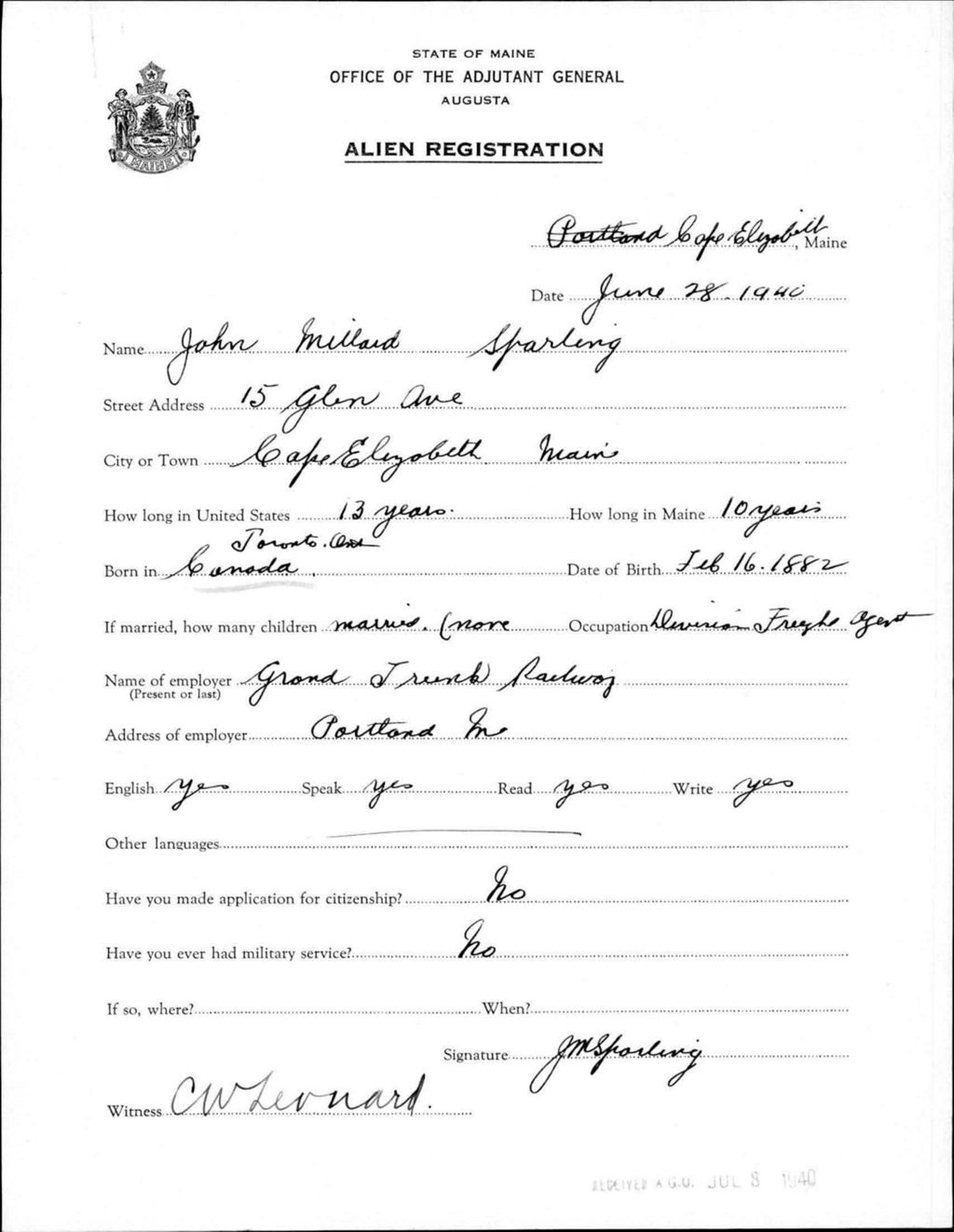Miniature of Alien Registration- Sparling, John M. (Baldwin, Cumberland County)