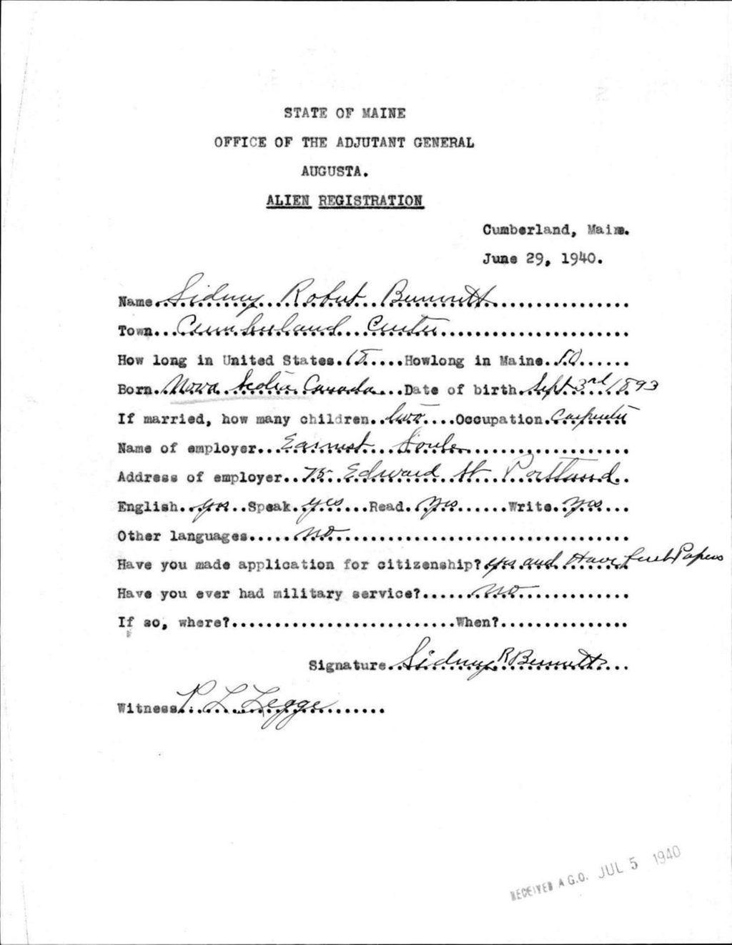 Miniature of Alien Registration- Bennett, Sidney R. (Baldwin, Cumberland County)