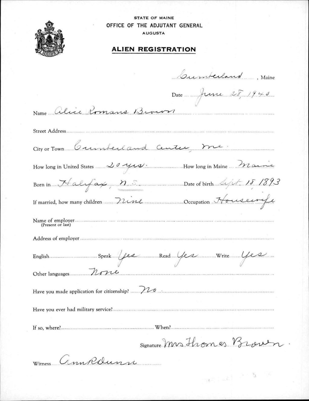 Miniature of Alien Registration- Romans, Alice (Baldwin, Cumberland County)