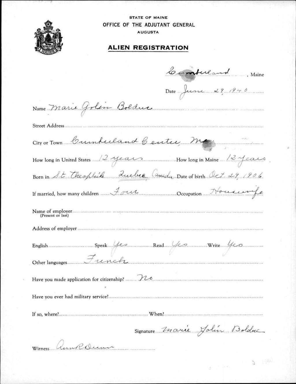 Miniature of Alien Registration- Golin, Marie (Baldwin, Cumberland County)