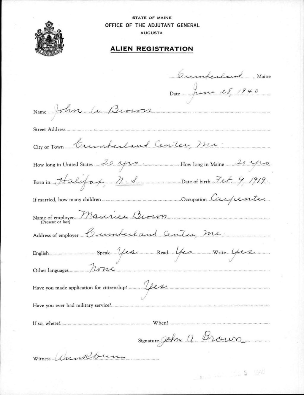 Miniature of Alien Registration- Brown, John A. (Baldwin, Cumberland County)