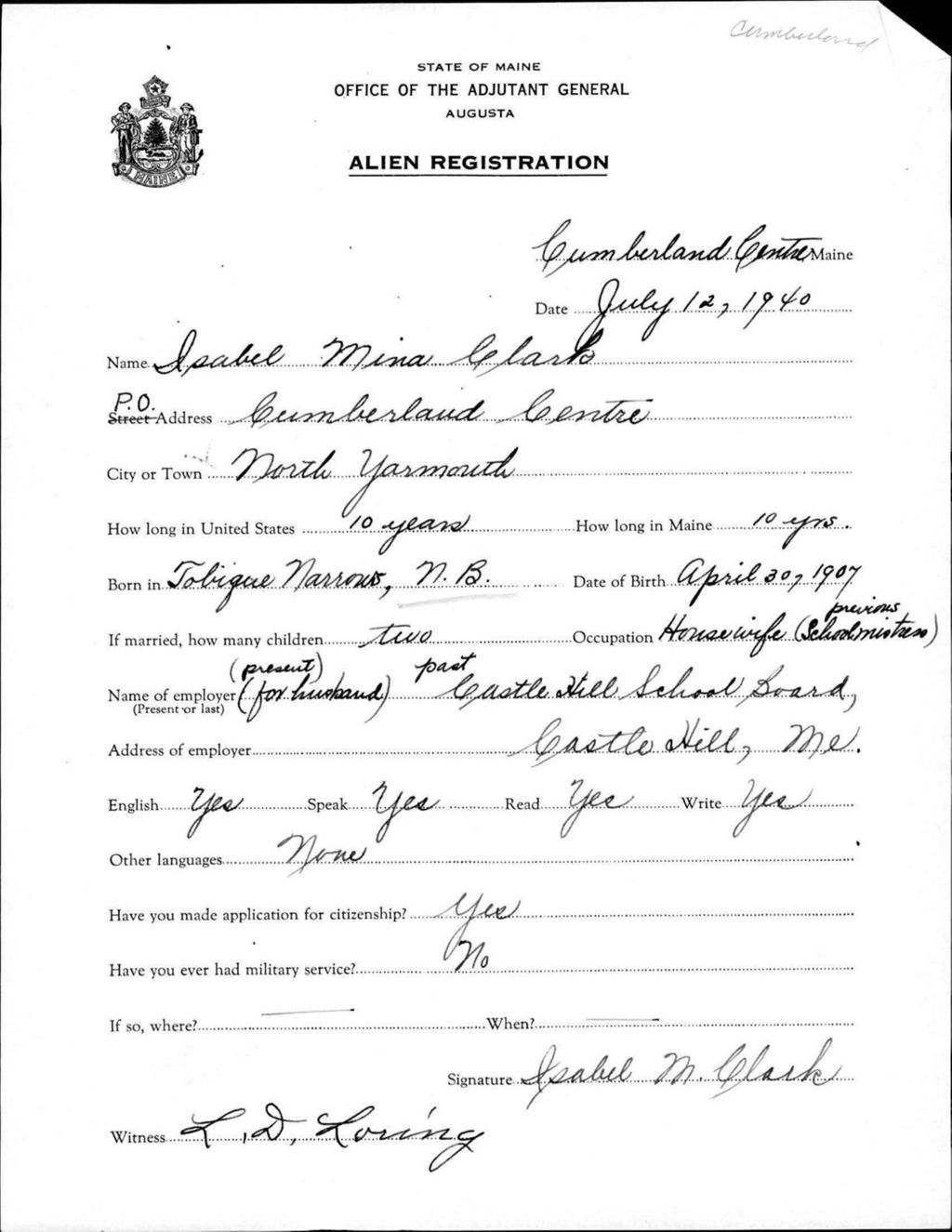 Miniature of Alien Registration- Clark, Isabel M. (Baldwin, Cumberland County)