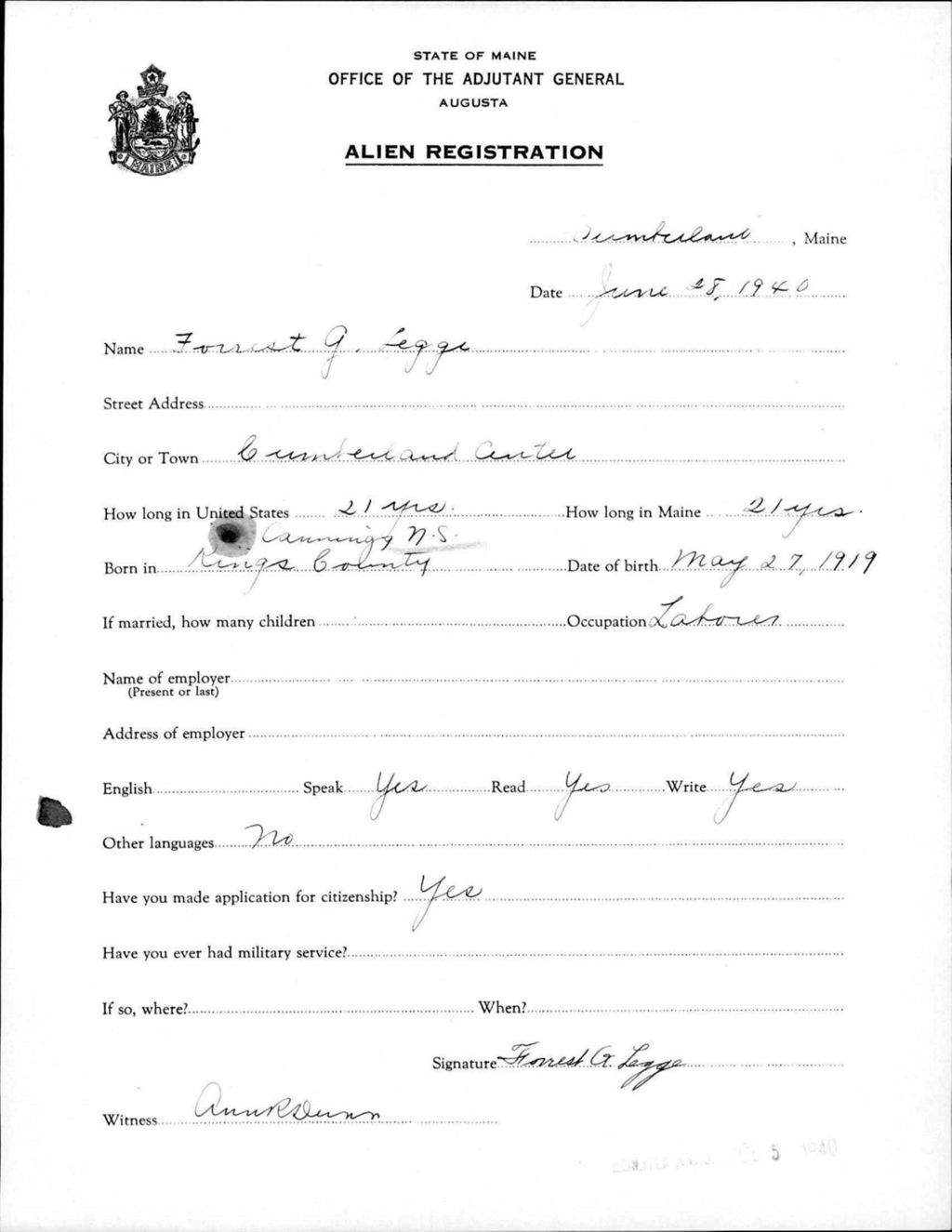 Miniature of Alien Registration- Legge, Forrest G. (Baldwin, Cumberland County)