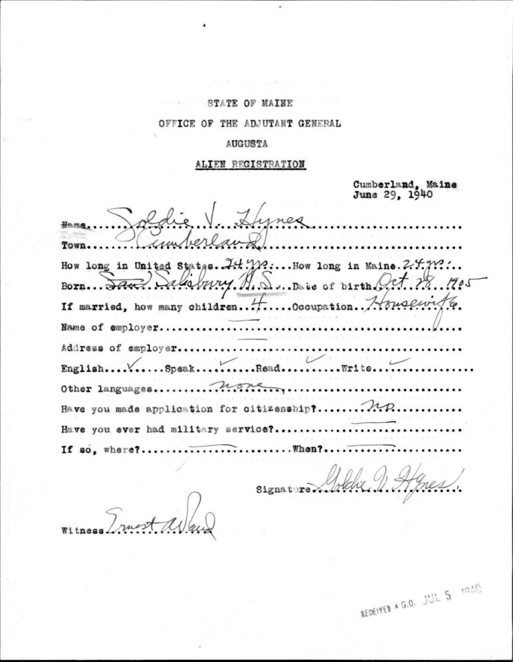 Miniature of Alien Registration- Hynes, Goldie J. (Baldwin, Cumberland County)