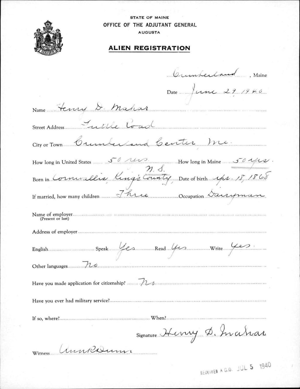 Miniature of Alien Registration- Mahar, Henry D. (Baldwin, Cumberland County)