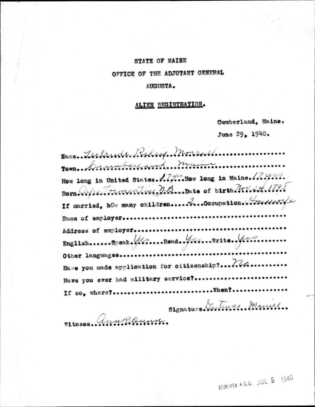 Miniature of Alien Registration- Riley, Gertrude (Baldwin, Cumberland County)