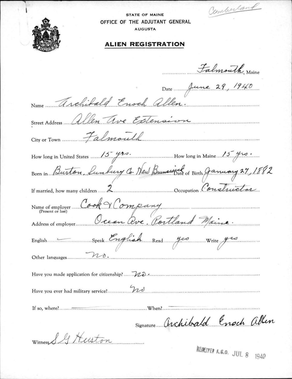 Miniature of Alien Registration- Allen, Archibald E. (Falmouth, Cumberland County)