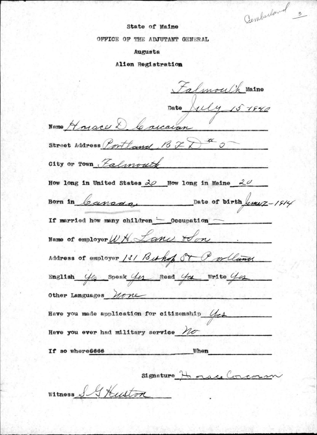 Miniature of Alien Registration- Corcoran, Horace D. (Baldwin, Cumberland County)