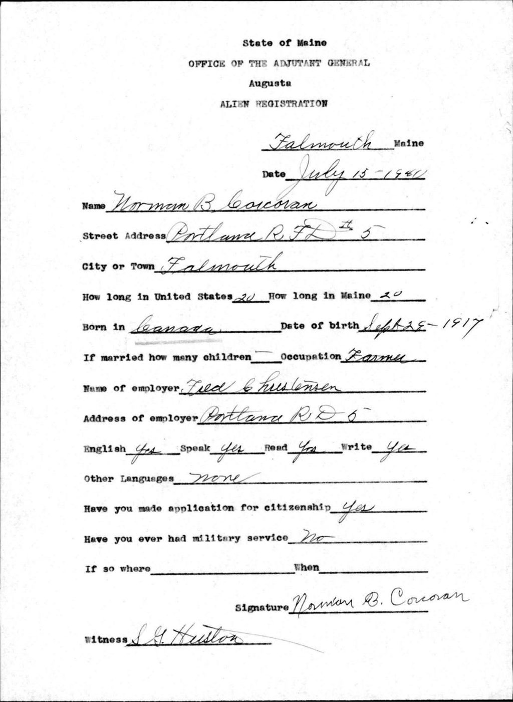 Miniature of Alien Registration- Corcoran, Norman B. (Baldwin, Cumberland County)
