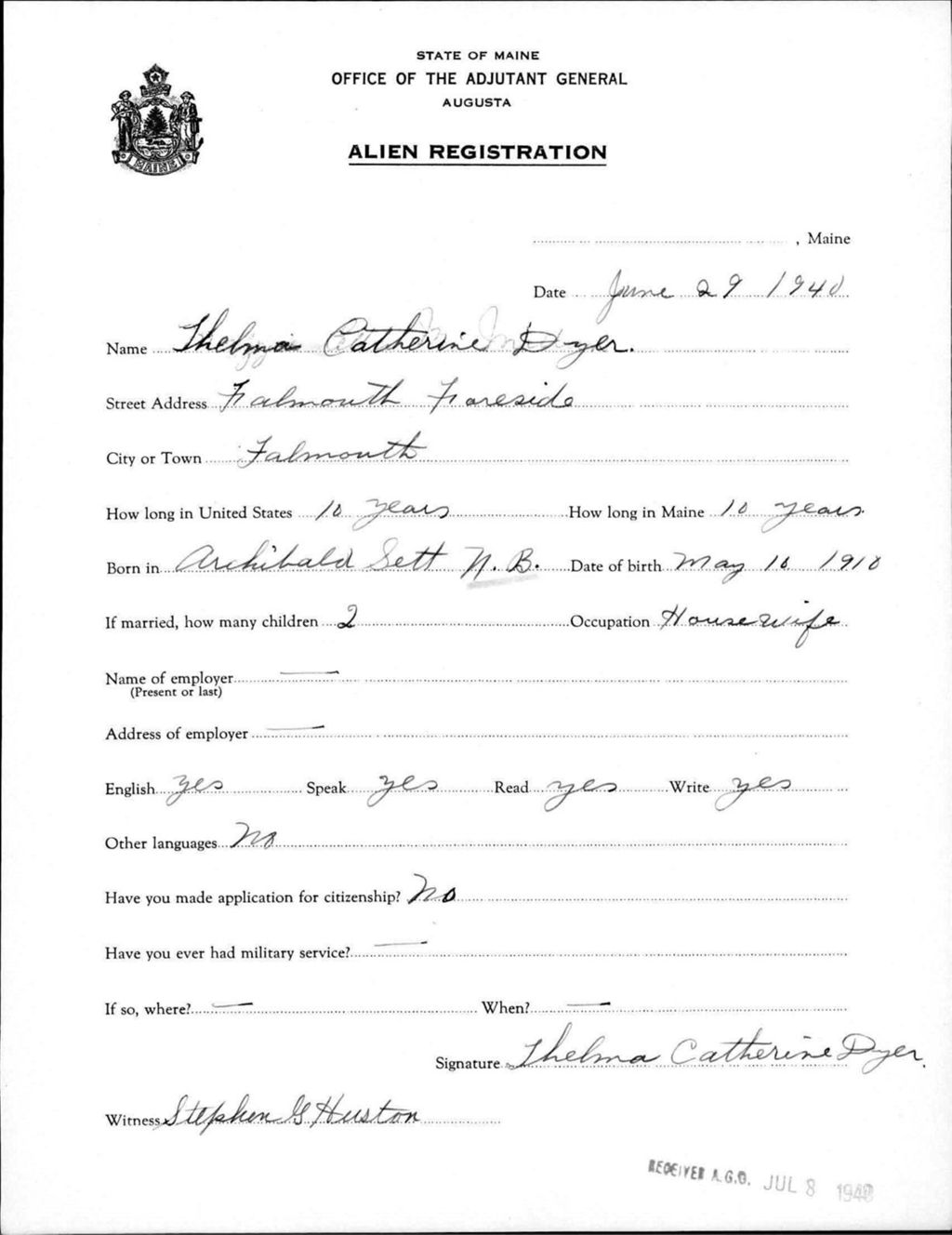 Miniature of Alien Registration- Dyer, Thelma C. (Baldwin, Cumberland County)