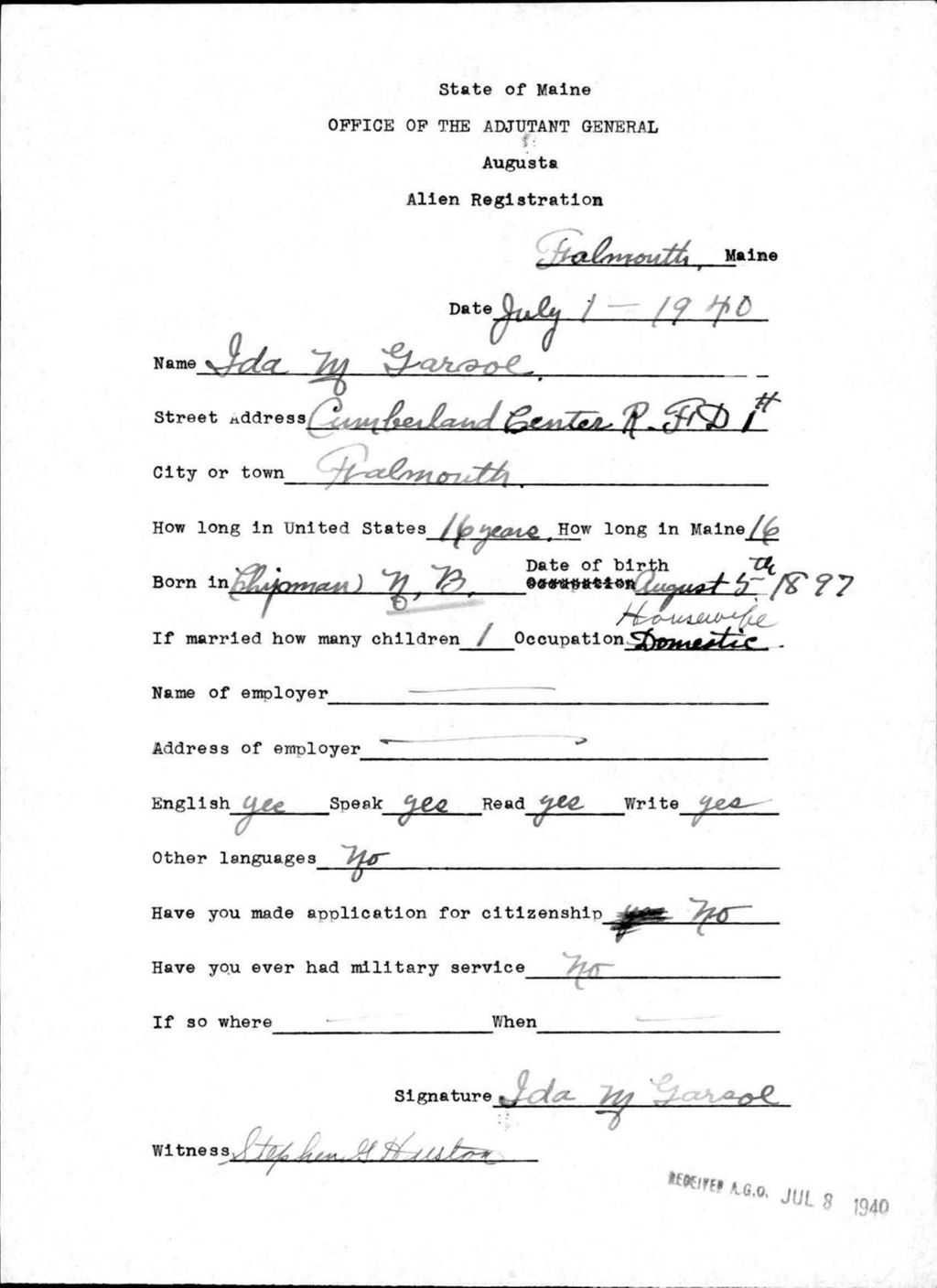 Miniature of Alien Registration- Garsoe, Ida M. (Baldwin, Cumberland County)