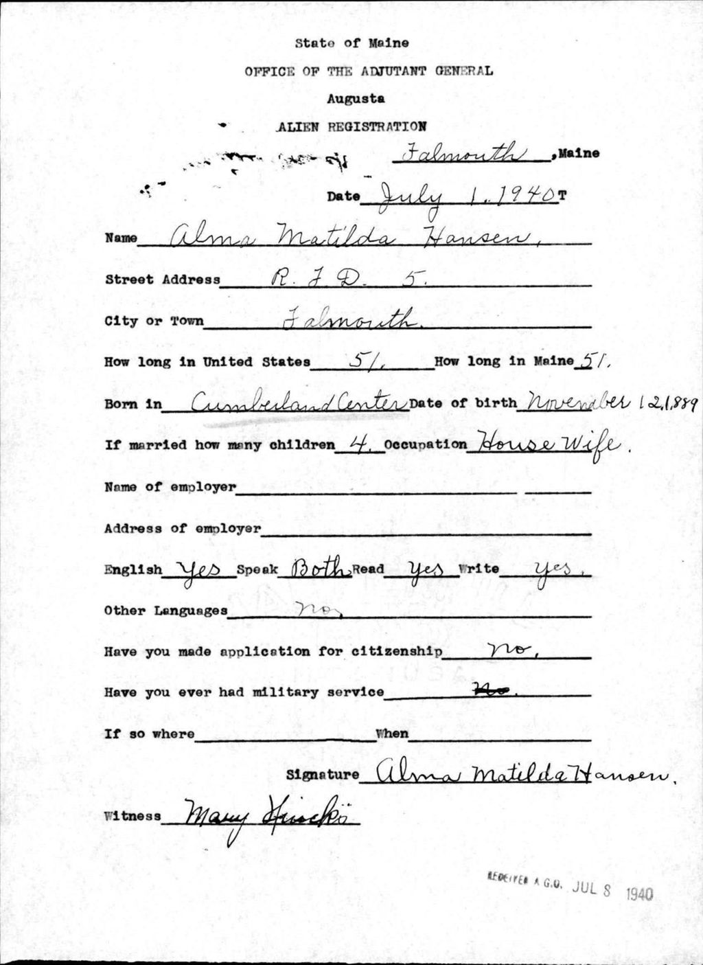 Miniature of Alien Registration- Hansen, Alma M. (Baldwin, Cumberland County)