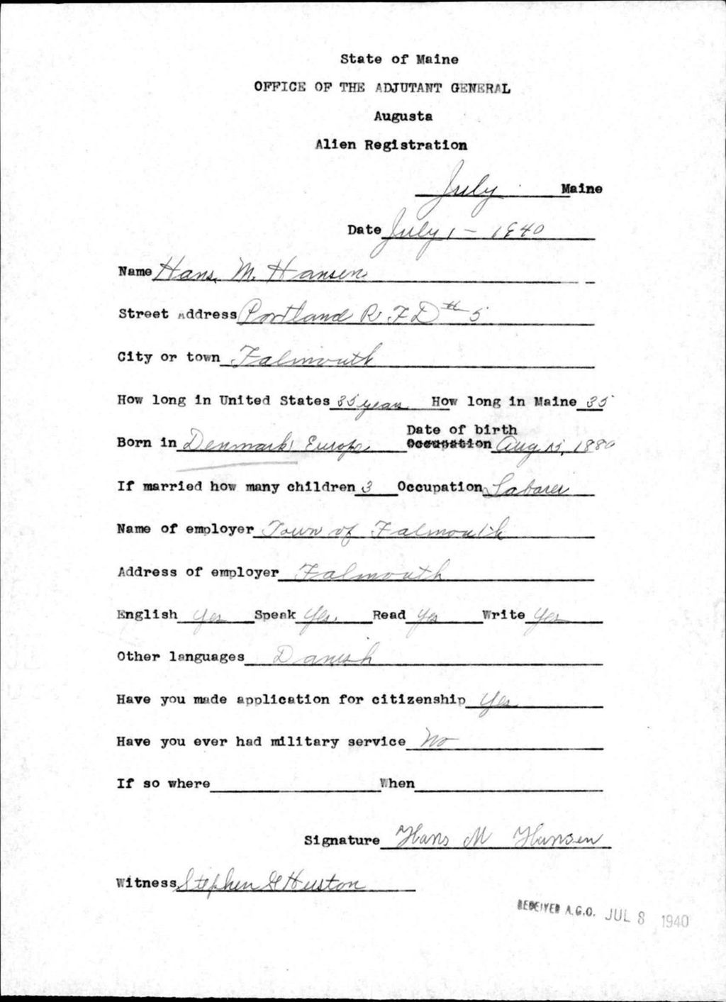 Miniature of Alien Registration- Hansen, Hans M. (Baldwin, Cumberland County)