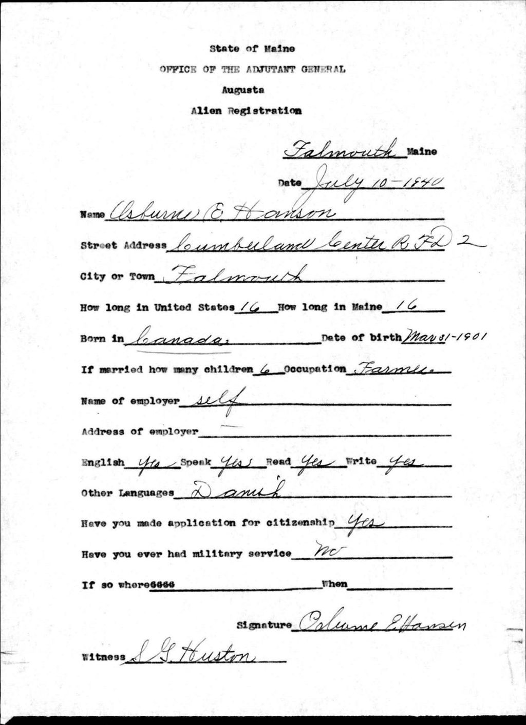 Miniature of Alien Registration- Hanson, Osburn E. (Baldwin, Cumberland County)