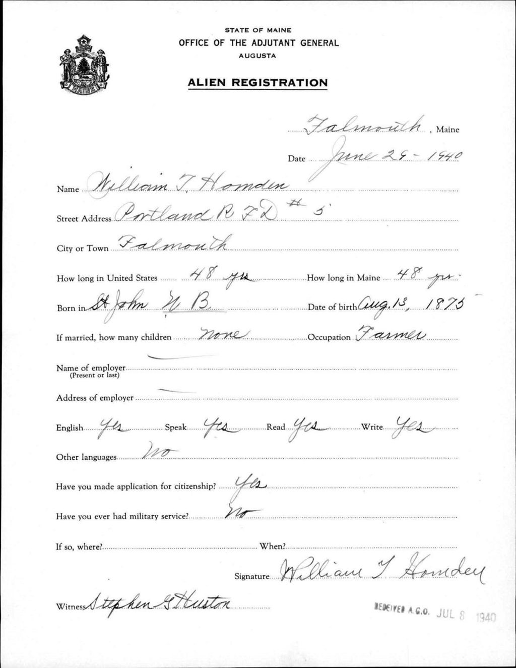 Miniature of Alien Registration- Hornden, William T. (Baldwin, Cumberland County)