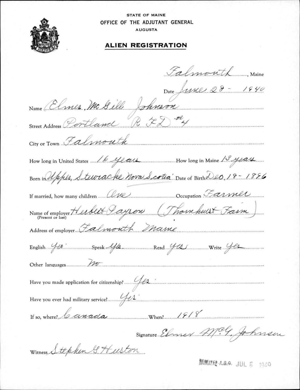 Miniature of Alien Registration- Johnson, Elmer M. (Baldwin, Cumberland County)