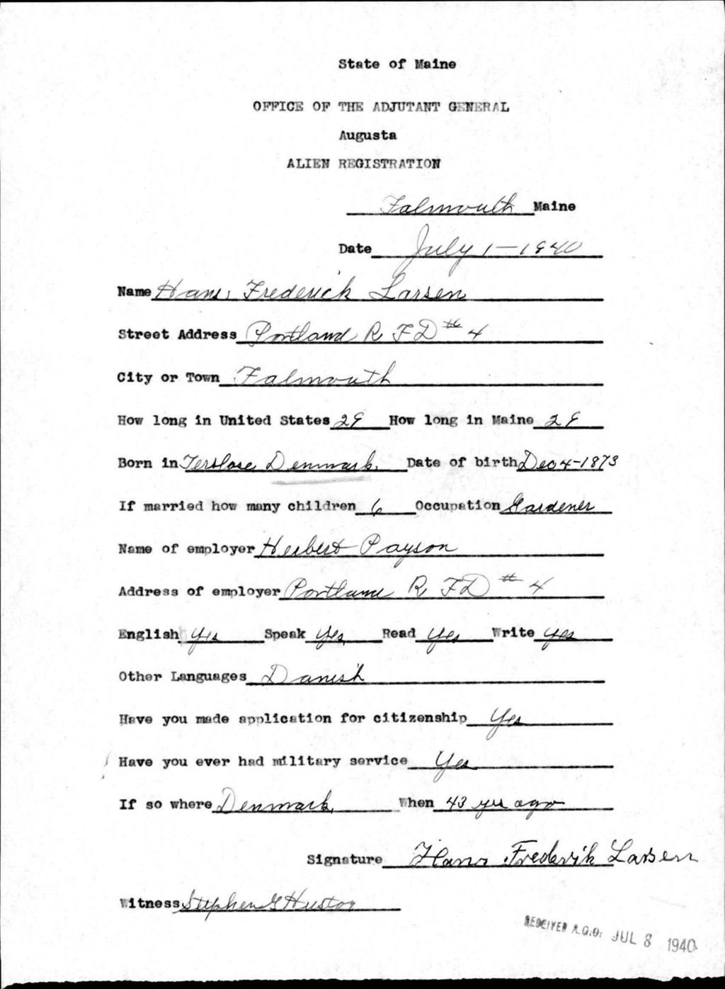 Miniature of Alien Registration- Larsen, Hans F. (Baldwin, Cumberland County)