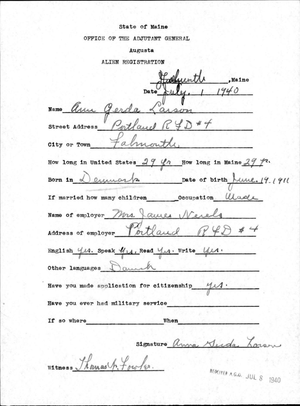 Miniature of Alien Registration- Larson, Anna G. (Baldwin, Cumberland County)