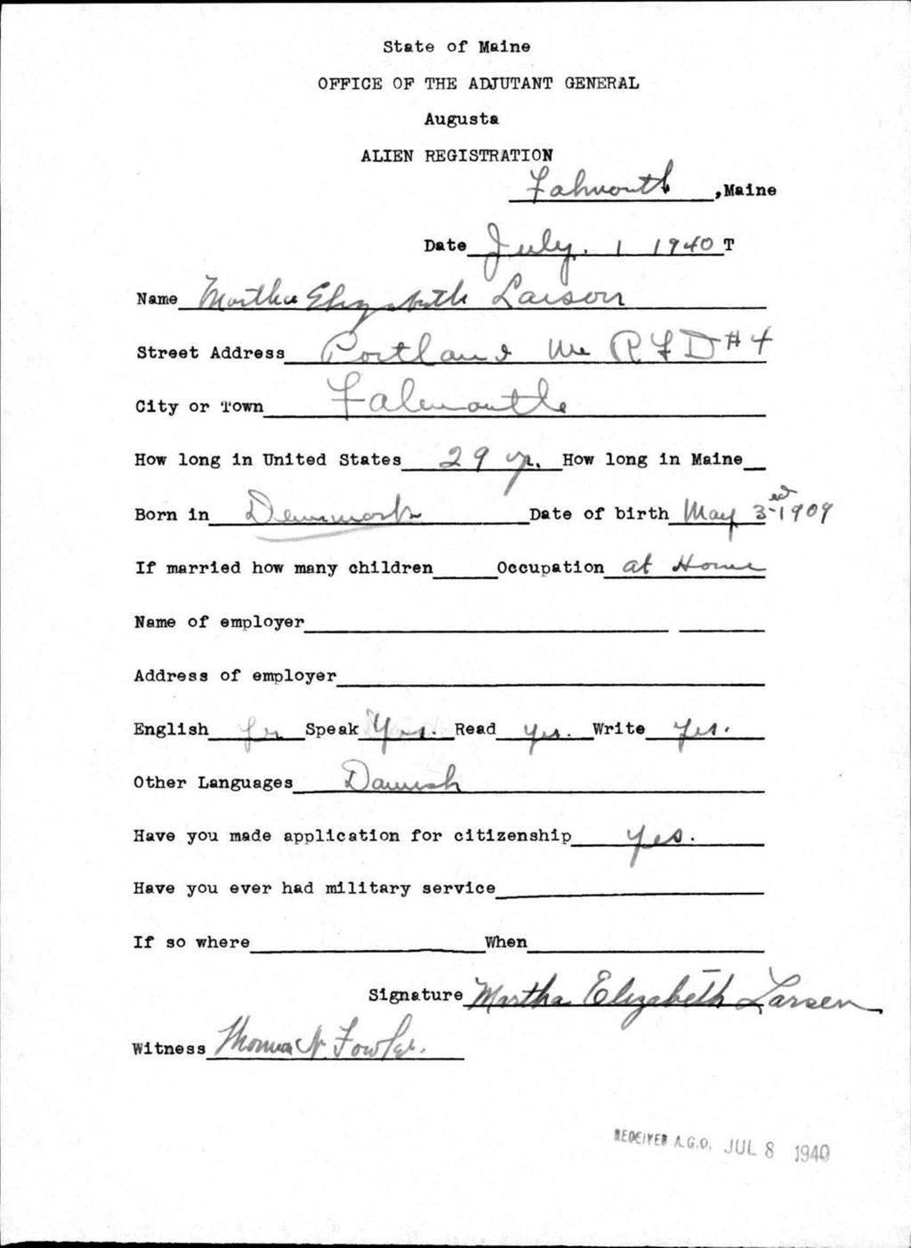 Miniature of Alien Registration- Larson, Martha E. (Baldwin, Cumberland County)