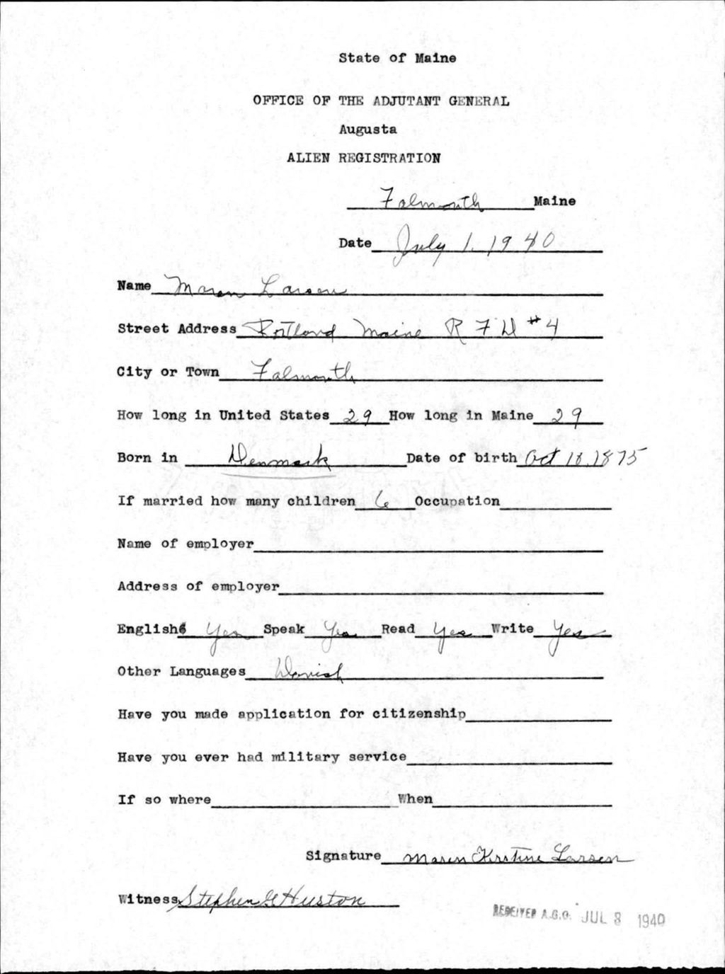Miniature of Alien Registration- Larsen, Maren (Baldwin, Cumberland County)