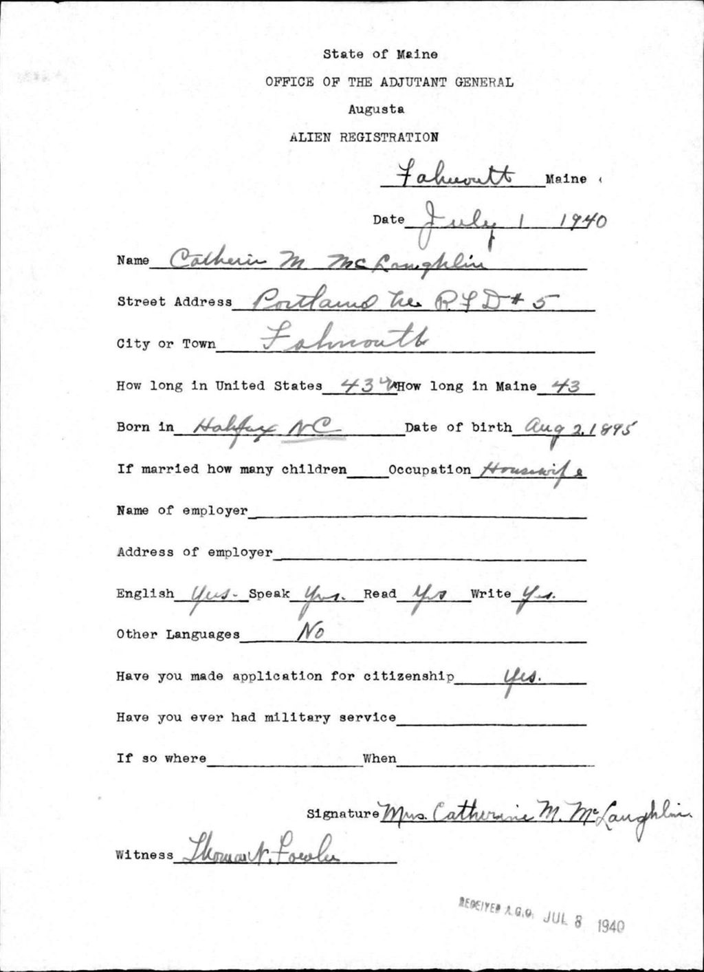 Miniature of Alien Registration- Mclaughlin, Catherine M. (Baldwin, Cumberland County)