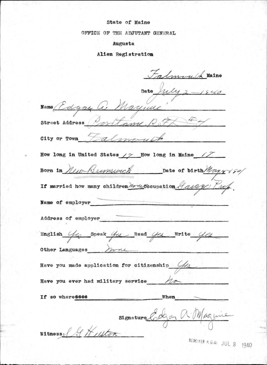 Miniature of Alien Registration- Maguire, Edgar A. (Baldwin, Cumberland County)