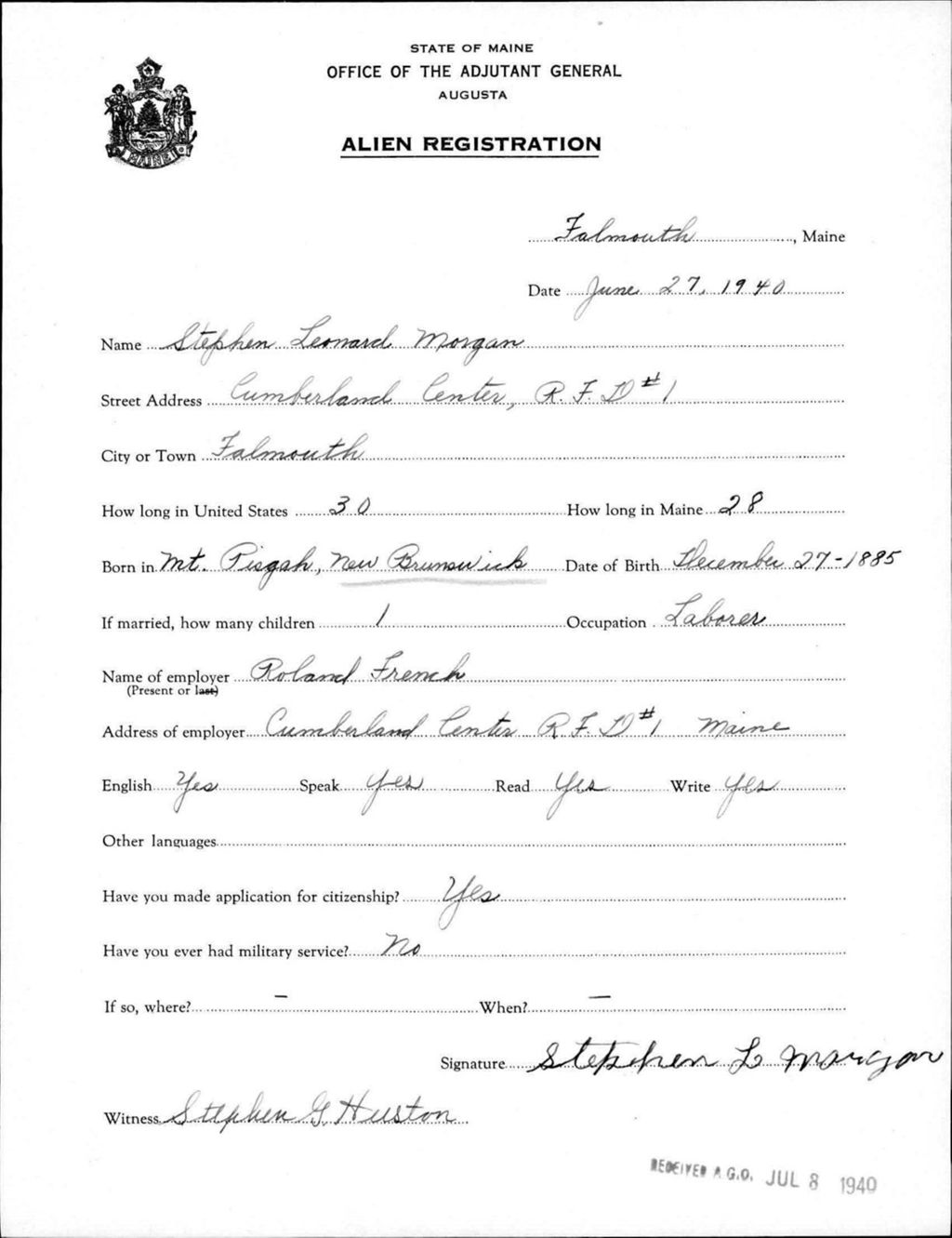Miniature of Alien Registration- Morgan, Stephen L. (Baldwin, Cumberland County)