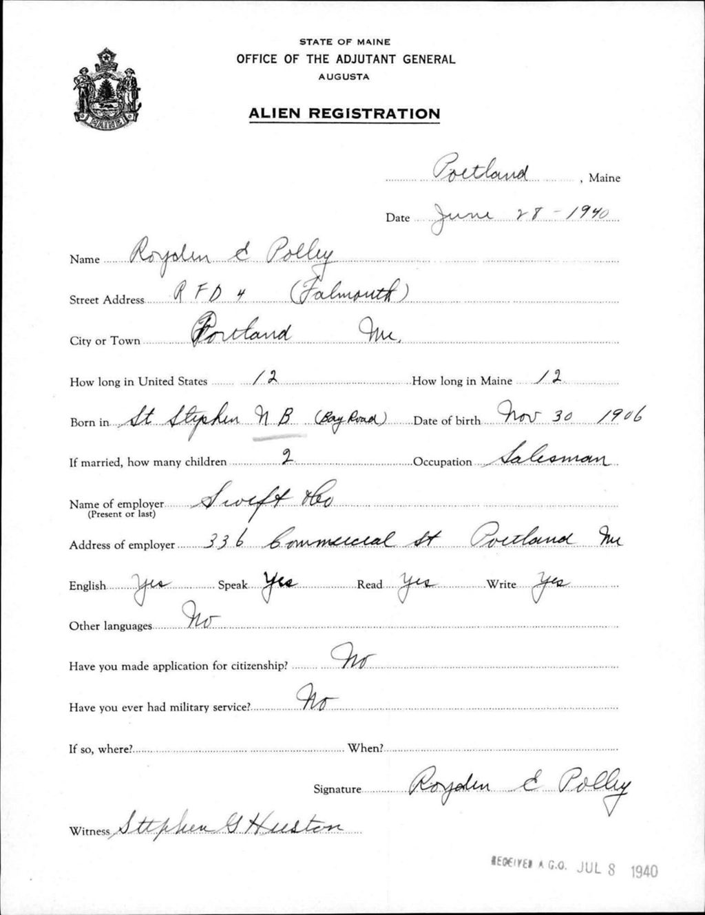 Miniature of Alien Registration- Polley, Roysden E. (Baldwin, Cumberland County)