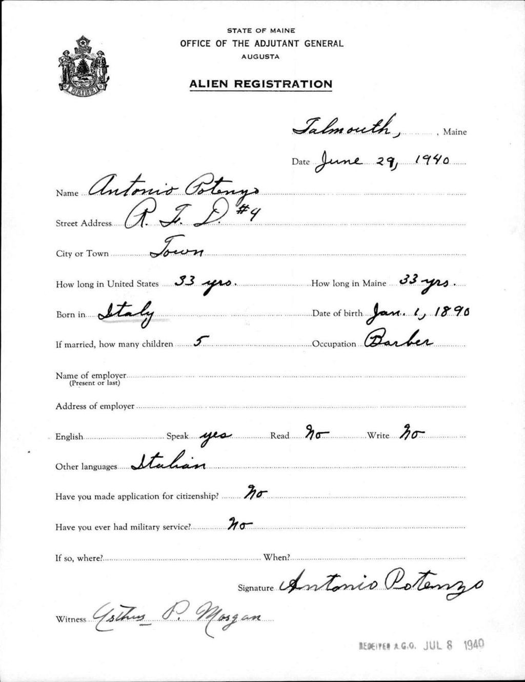 Miniature of Alien Registration- Potenzo, Antonio (Baldwin, Cumberland County)