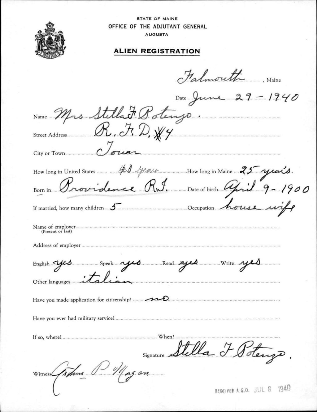 Miniature of Alien Registration- Potenzo, Stella F. (Baldwin, Cumberland County)
