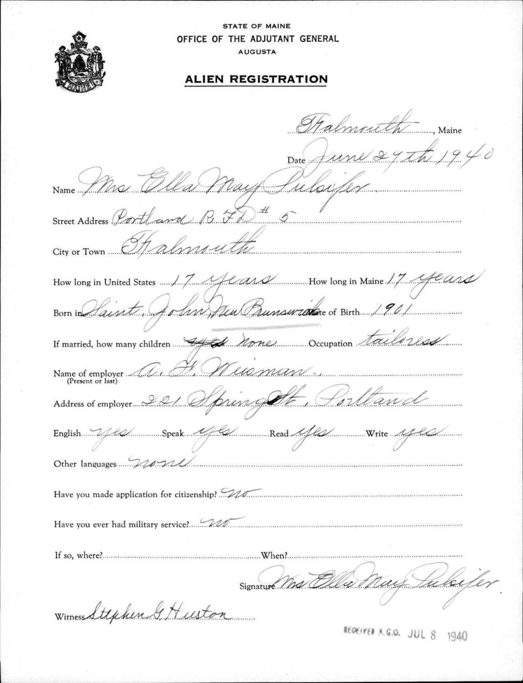 Miniature of Alien Registration- Pulsifer, Ella M. (Baldwin, Cumberland County)