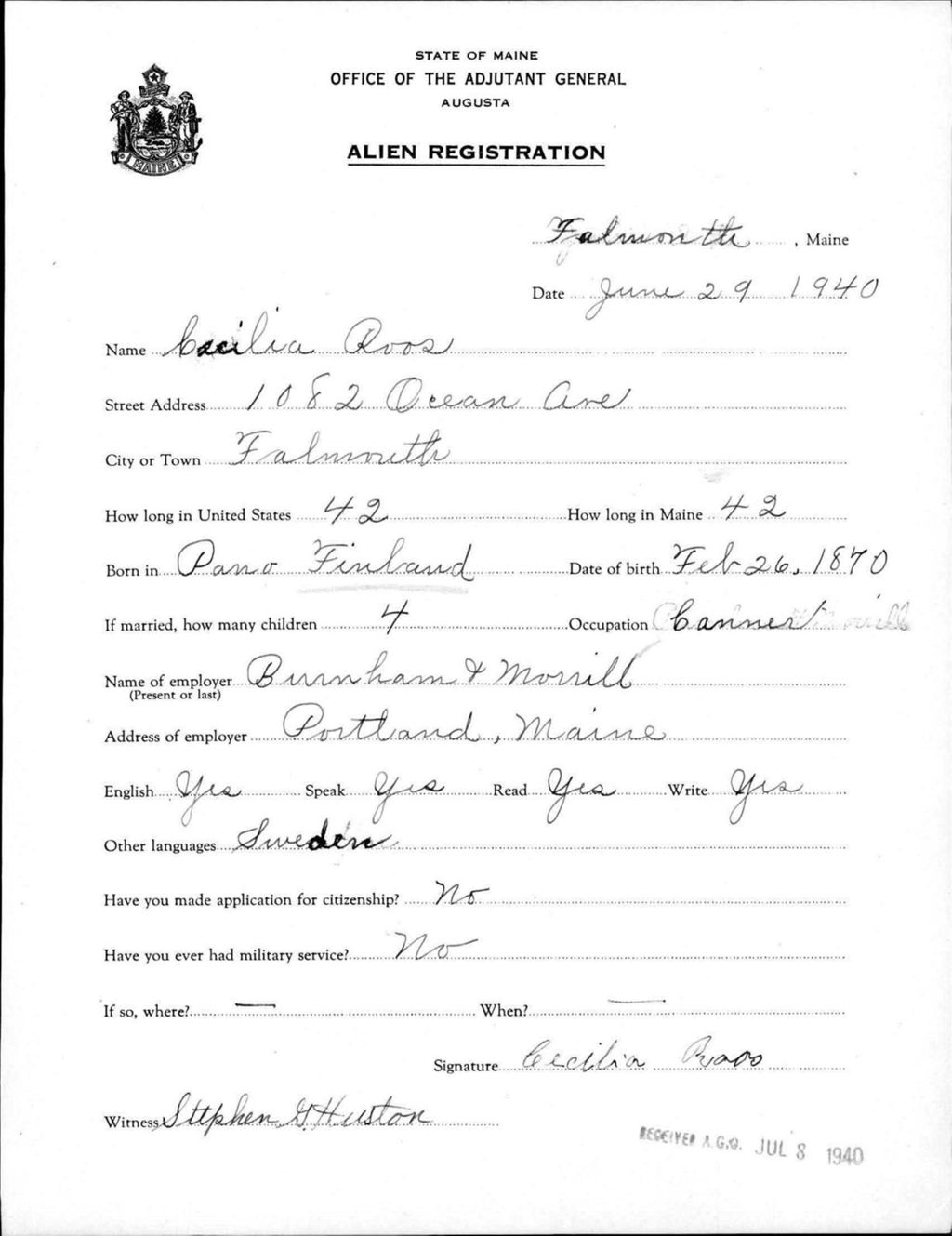 Miniature of Alien Registration- Roos, Cecilia (Baldwin, Cumberland County)